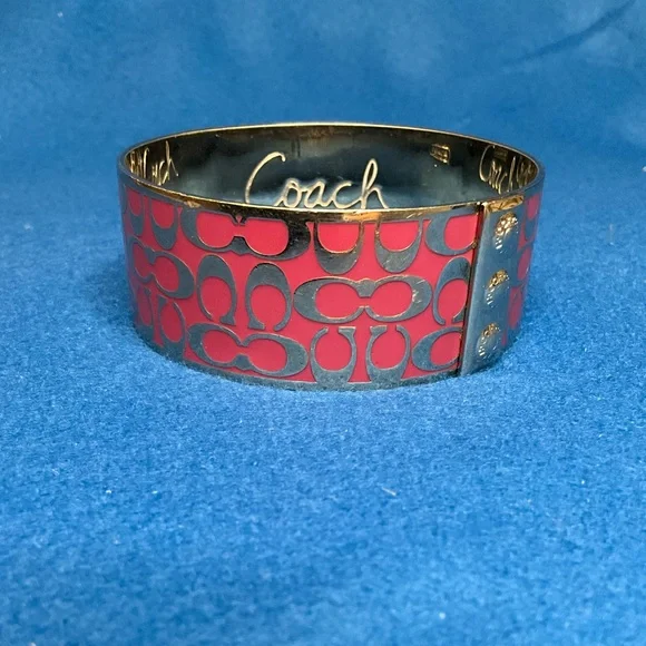 Coach Signature Logo Pink Gold Tone Metal Bangle Bracelet. - Picture 2 of 9